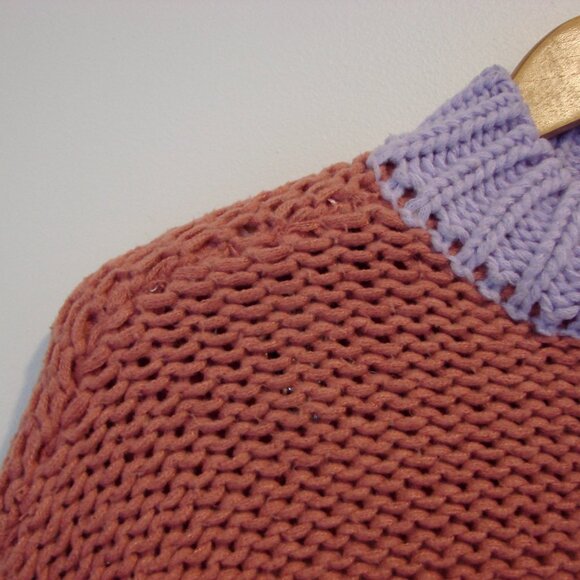 Dreamers Chunky Knit Sweater Colourblock Purple Pink Cream Mock Neck Size Small - Picture 5 of 12